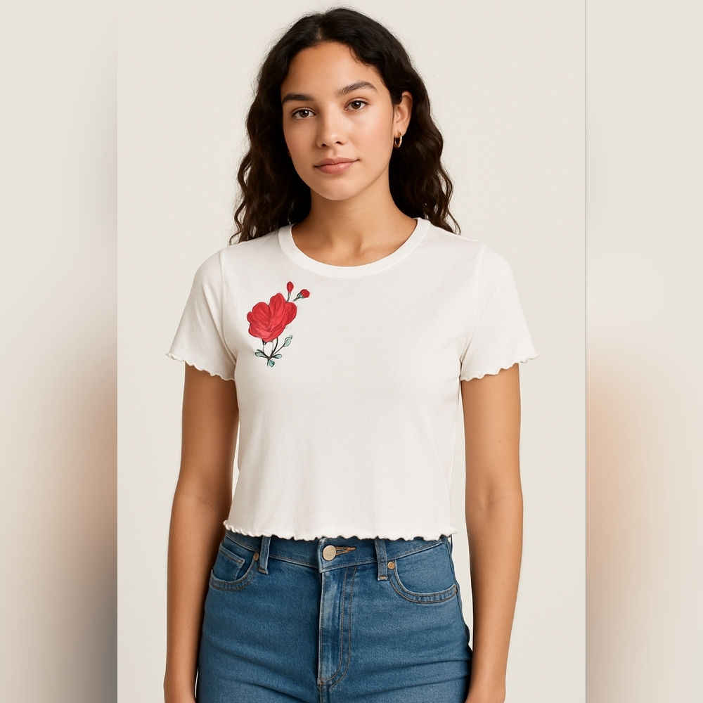 Jaqueline de Yong M White Lettuce Hem Embroidered Rose Shortsleeve Baby Tee